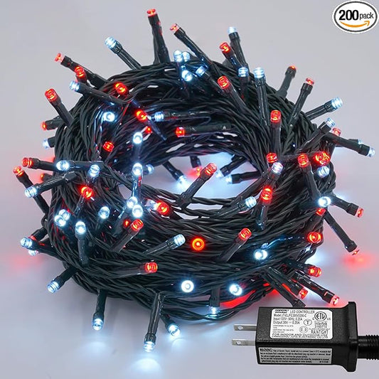 YEGUO 66ft 200 LED String Lights Outdoor Waterproof, 8 Modes Red and White String Lights Plug in, Green Wire Twinkle Tree Lights Indoor with Timer Memory