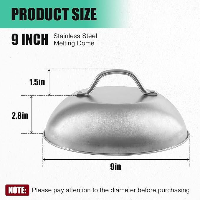 9 Inch Cheese Melting Dome - 2 Pack Heavy Duty Round Basting Cover - Stainless Steel Steaming Cover Grilling Melting Dome for Flat Top Griddle Grill - Griddle Accessories Indoor or Outdoor