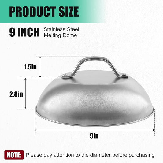 9 Inch Cheese Melting Dome - 2 Pack Heavy Duty Round Basting Cover - Stainless Steel Steaming Cover Grilling Melting Dome for Flat Top Griddle Grill - Griddle Accessories Indoor or Outdoor
