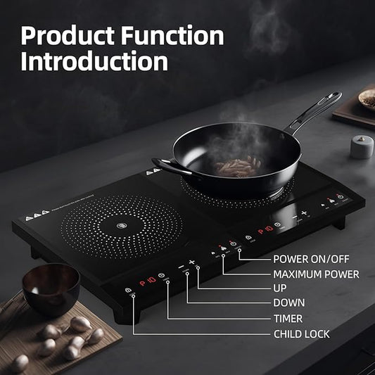 Double Induction Cooktop,Portable Induction Cooker with 2 Burner Independent Control,Ultrathin Body,10 Temperature,1800W-Multiple Power Levels,3 Hour Timer,Safety Lock
