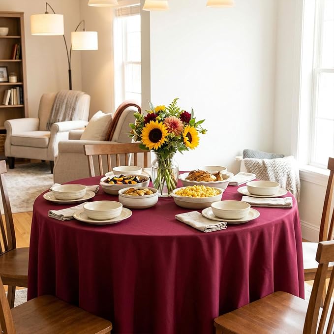 8 Pack Burgundy Round Tablecloth 90 Inch | For 3Ft-5Ft Round Table, Wrinkle Resistant Table Cloth, Washable Polyester Fabric, For Wedding Party Banquet Buffet Camping