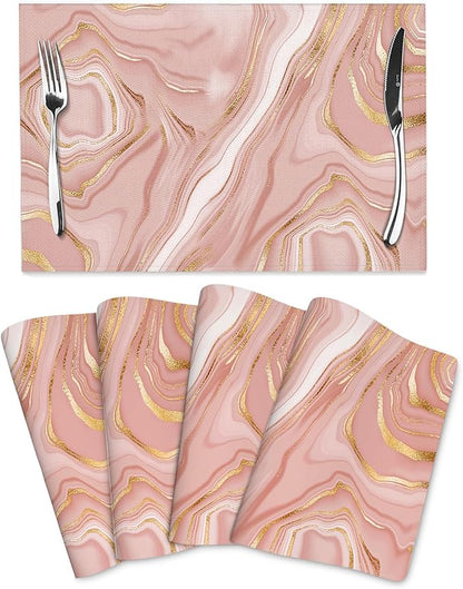 Pink Golden Marble Placemats Set of 4 Linen 12"x18" Rose Pink | Modern Decorative Place Mats Washable Kitchen Table Mats for Dining Outdoor Farmhouse Home Decor Holiday Party Dining Mat