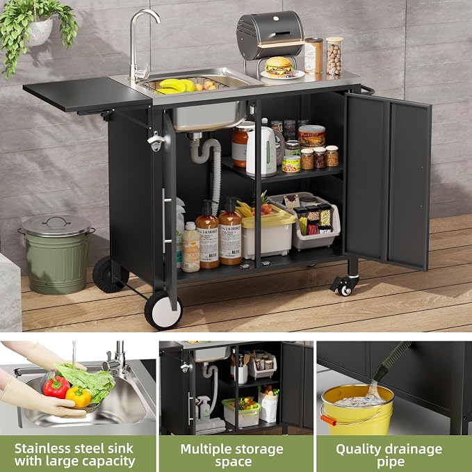 KEIKI Outdoor Grill Table with Sink & Foldable Worktop, 304 Stainless Steel BBQ Cart with Storage Cabinet & Wheels, Outdoor Kitchen Prep Station with Large Basin for Backyard, Garden, Patio