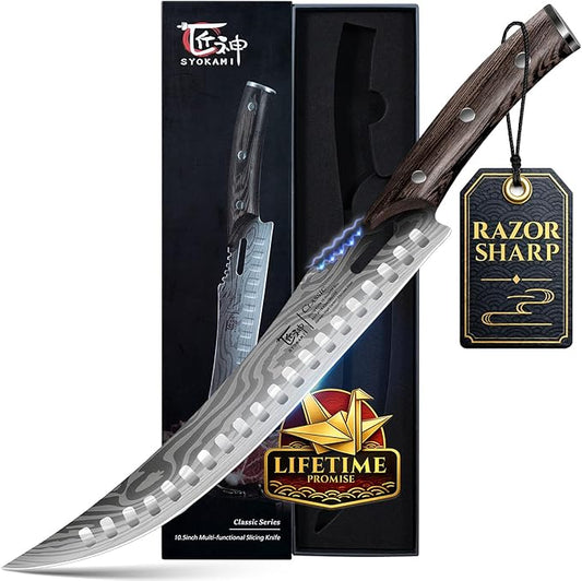 SYOKAMI Butcher Breaking Knife for Meat Cutting, 10.5 Inch Japanese Style Curved Carving Knife with Wooden Full Tang Handle, Damascus Pattern, Razor Sharp Cimiters with Gift Box, Birthday Gift for Men
