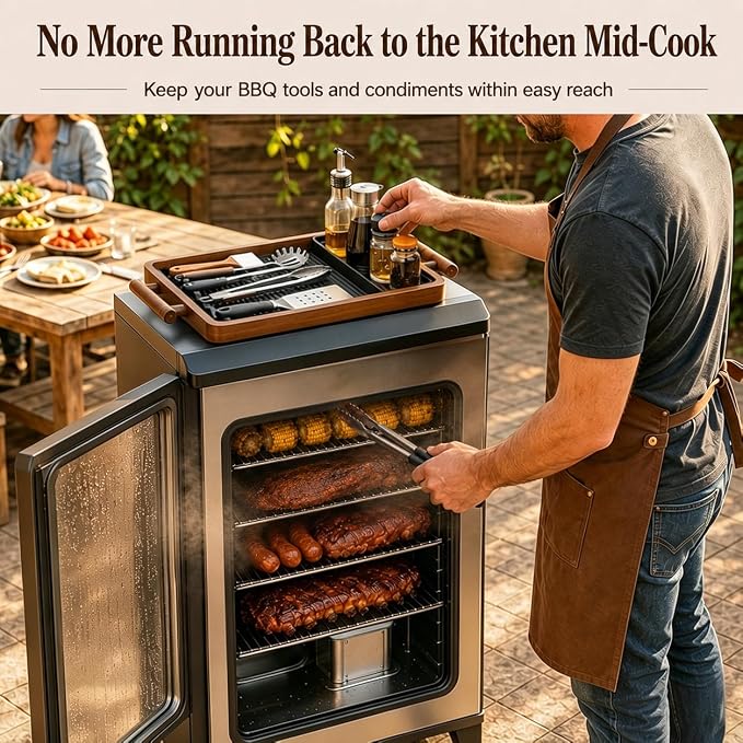 Wood Top Tray with Silicone Mat for East Oak Electric Smoker | Wood Serving Tray with Handles, BBQ Griddle Tools Mat for Masterbuilt, Blackstone, Gifts for Men