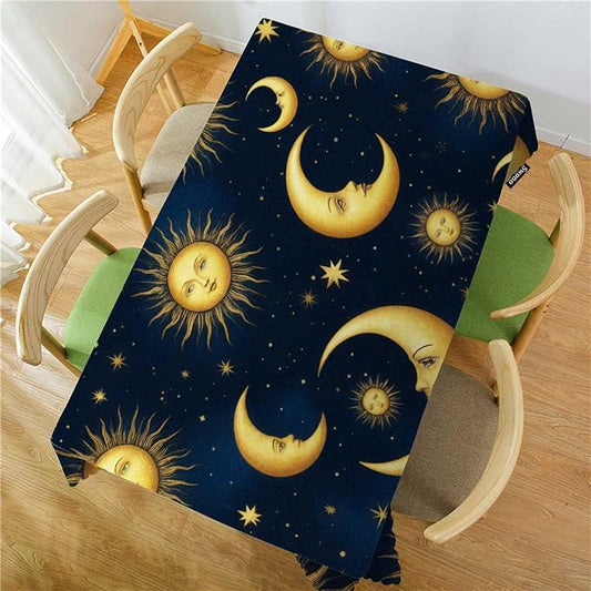 Swono Sun and Moon Table Cloth Gold Galaxy Sun Moon Rectangle Tablecloth Picnic Table Cover BBQ Table Cloths Polyester for Kitchen 50x72 Inch