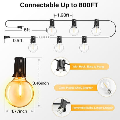 150FT Outdoor String Lights with Remote, 75 + 4 Spare G40 LED Bulbs Plug in Connectable Dimmable Patio Lights, Waterproof Hanging Lights for Outside Backyard Balcony Yard Deck Party