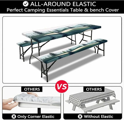 Picnic Table Cover with Bench Covers, Green Blue Camping Tablecloth Waterproof Windproof, Fitted Tablecloth Cover with Elastic Edge, for Indoor & Outdoor, Garden, Camping, 3 Pieces Set, 30x96 Inch