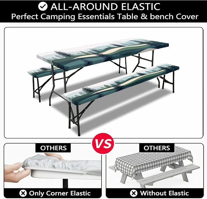 Picnic Table Cover with Bench Covers, Green Blue Camping Tablecloth Waterproof Windproof, Fitted Tablecloth Cover with Elastic Edge, for Indoor & Outdoor, Garden, Camping, 3 Pieces Set, 30x60 Inch