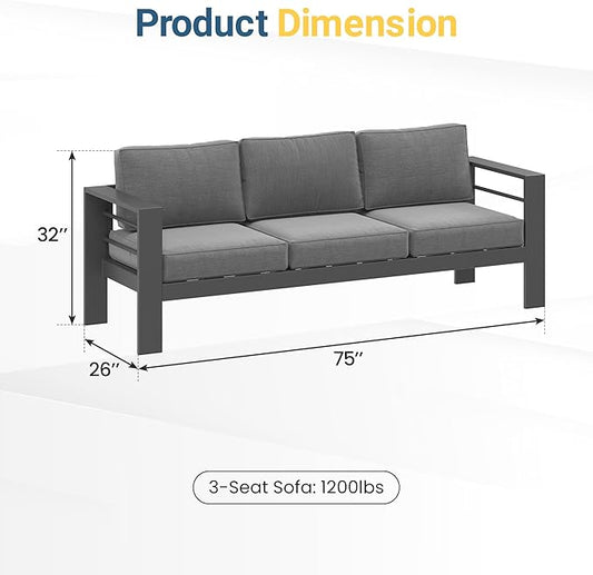 Wisteria Lane Metal Patio Furniture Sofa, All-Weather Outdoor Couch with Upgraded Cushions, Weather-Resistant Heavy Duty Modern Outdoor 3 Seats Sofa for Garden, Balcony, Deck, Backyard, Dark Grey