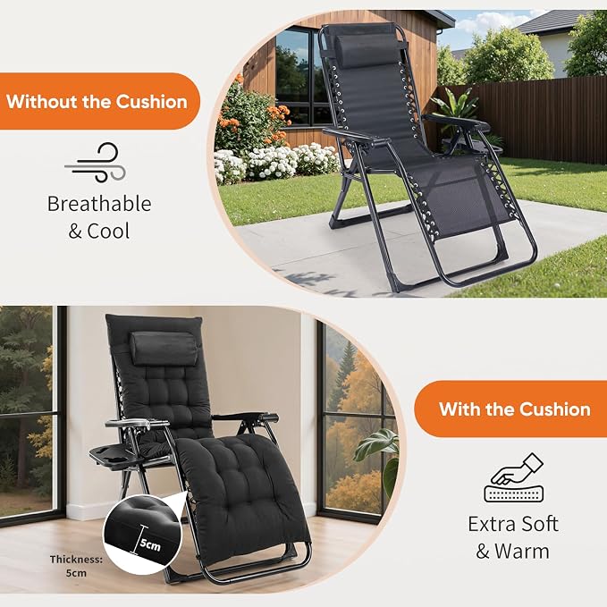 DUMOS Zero Gravity Chairs Set of 2, Lounge Chair Outdoor with Cup Holder | Folding Reclining, Removable Cushion Trays, Beach Camping Patio, Indoor Outside, Black
