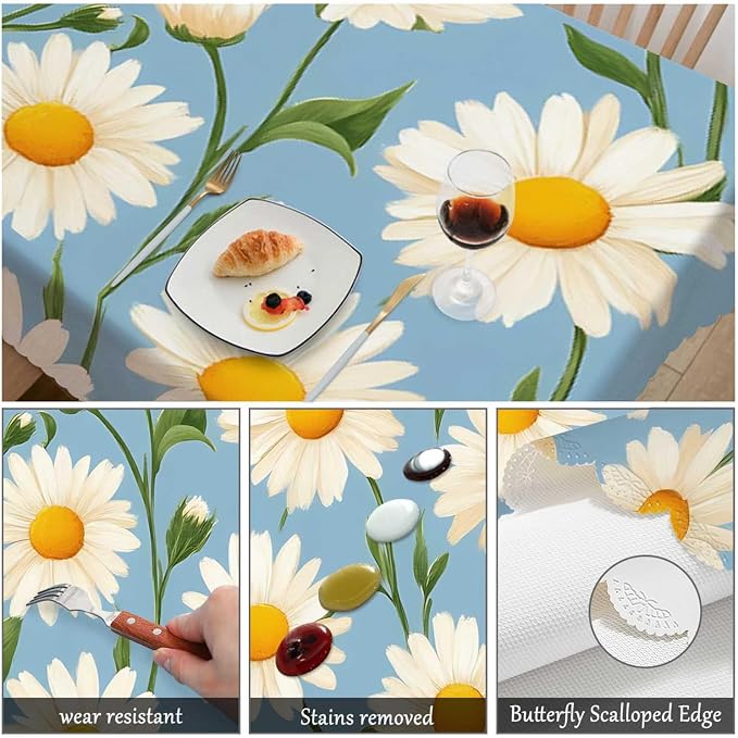 Swono Tablecloth 52"X70" Daisy, Blossom Floral White Daisy Rectangle Table Cover Anti-Oil Tablecloth for Dining Tables, Parties, Picnic, Wedding and Banquet Decoration