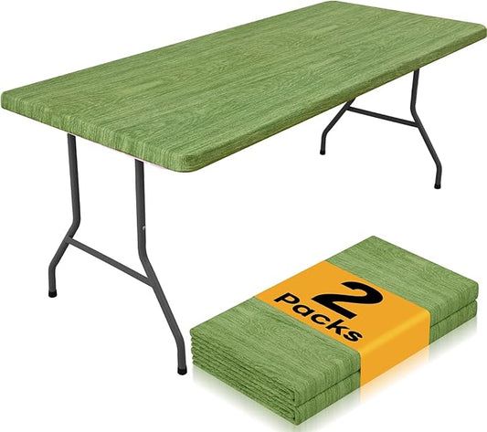 Smiry 2 Pack Rectangle Table Cloth 4 Foot, Waterproof Elastic Fitted Tablecloths, Windproof Washable Polyester Table Cover for Picnic, Camping, Outdoor (Green & Black, 30"x48")