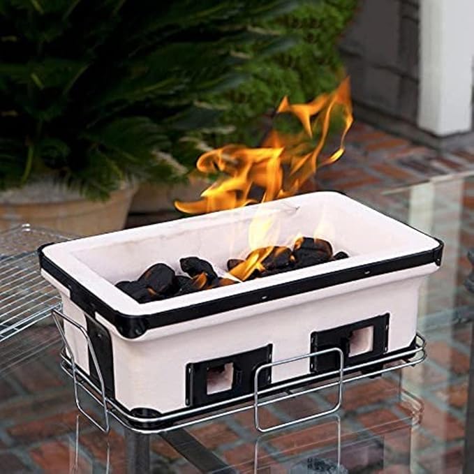 Table Top Japanese Yakiniku Yakitori Charcoal Grill, Traditional Earthware Barbecue Cooker Stove with Wire Mesh Grill for Backyard Outdoor Cooking