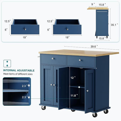Shintenchi Kitchen Island with Drop Leaf, Rolling Kitchen Cart with Storage on Wheels, Table Bar Cart for Kitchen with Towel Rack & Seating Area for Dining Room, Blue
