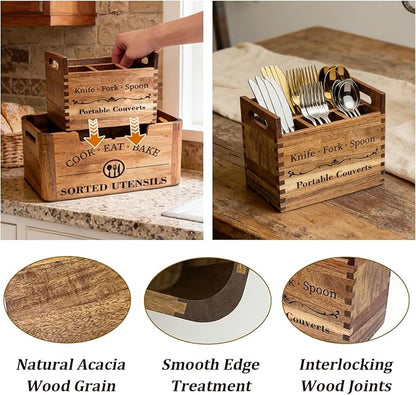 2-in-1 Acacia Wood Kitchen Utensil Holder, Large Farmhouse Countertop Organizer with Warm Aesthetic Removable Silverware Caddy, Rustic Wooden Container for Counter, Dining room & Island