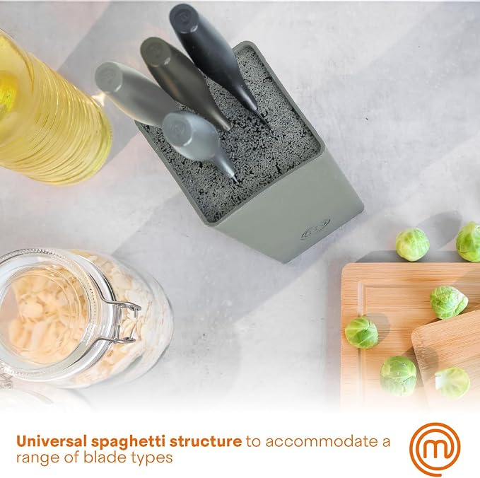 MasterChef Knife Set with Block, 7pc Kitchen Knives Set with Holder, Grey | Knife Block Set with Sharp Stainless Steel Blades for Precise Cutting with Non Stick Coating & Soft Touch Easy Grip Handles