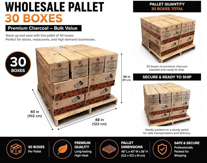 Dong LIM Binchotan Style Charcoal Briquettes, 870lbs (30 Boxes) | Wholesale Pallet, High heat, low ash, long burning. Perfect for Japanese & Korean BBQ, Weber kettles, & kamado grills