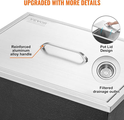 VEVOR Drop in Ice Chest, 22" L x 17" W x 12" H Stainless Steel Ice Cooler, Commercial Ice Bin with Cover, 46 qt Outdoor Kitchen Ice Bar, Drain-Pipe and Drain Plug Included, for Cold Wine Beer