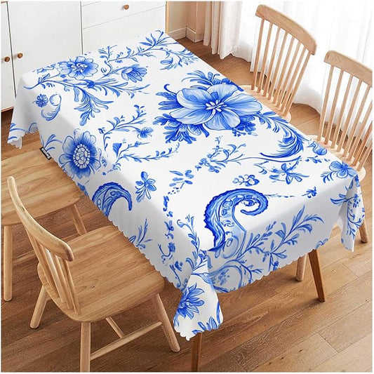 Swono Paisley Floral Blue Tablecloth Ethnic Batik Mandala Blue Decorative Table Cover Dining Tablecltoh for Kitchen, Party Banquet and Holiday Tablecloth, 52x70 Inch(4-6 Seats)