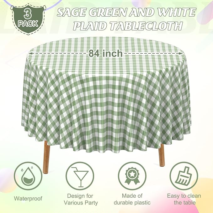 3 Pcs Sage Green Gingham Tablecloths 84 inch Checkered Round Tablecloths | Disposable Waterproof Green Round Gingham Tablecloths for Baby & Bridal Shower Picnic Camping Barbecue Birthday Party,84 Inch