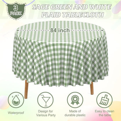 3 Pcs Sage Green Gingham Tablecloths 84 inch Checkered Round Tablecloths | Disposable Waterproof Green Round Gingham Tablecloths for Baby & Bridal Shower Picnic Camping Barbecue Birthday Party,84 Inch