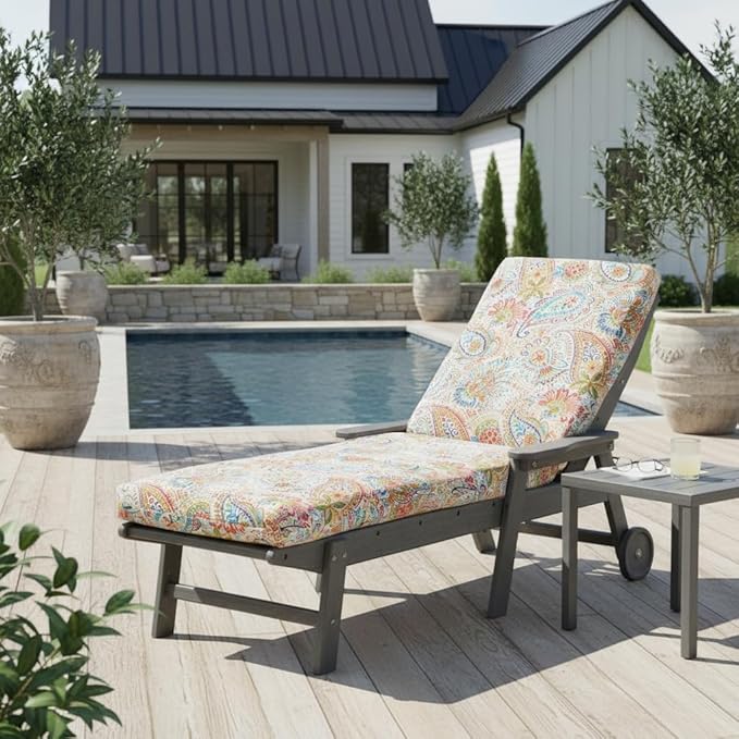 Modern Outdoor Chaise Lounge Cushion with Ties – Durable Polyester Fabric, Channel-Filled Polyfiber Insert, Removable Zippered Cover, Jamboree Paisley