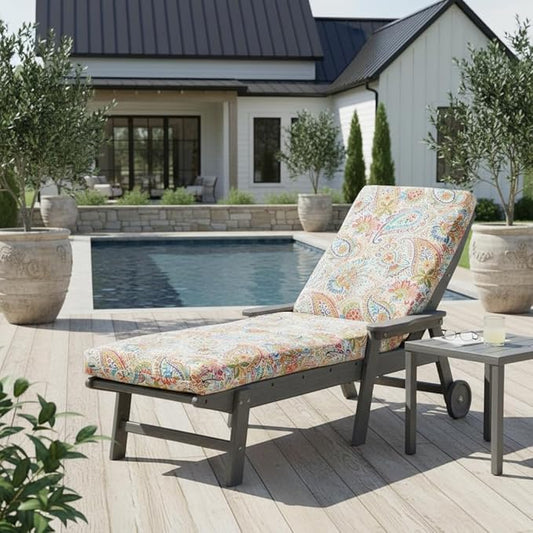 Modern Outdoor Chaise Lounge Cushion with Ties – Durable Polyester Fabric, Channel-Filled Polyfiber Insert, Removable Zippered Cover, Jamboree Paisley
