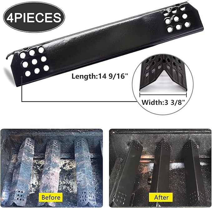 Yiming Grill Replacement Parts for Grillmaster 720-0697, Nexgrill 720-0697, Sunbeam 720-0697 Models, Porcelain Steel Heat Plate Tent Shields, Stainless Steel Pipe Burner Tubes Set, 4 Pack