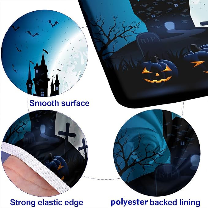 Halloween Picnic Table Fitted Tablecloth Cover, Moon Light Castle Ghost Camping Tablecloth Cover with Elastic Edge for Indoor/Outdoor/Patio, 3Pcs Set, Blue, 72x28 in