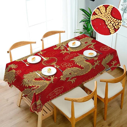 Swono Dragon Rectangle Tablecloth Traditional Flying Mascot Animal Chinese Dragons Red Table Cloth Dining Table Cover for Home Kitchen Restaurant Party Buffet Picnic, 52x70 Inch