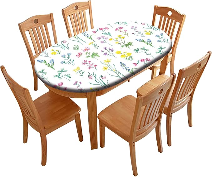 Spring Flowers Oval Fitted Tablecloth, Purple Lavender and Pink Floral Elastic Edged Table Cover, Fits to 60x84 In Tables, Table Cloths for Outdoor Picnic Camping and Indoor Kitchen Dining Party Use