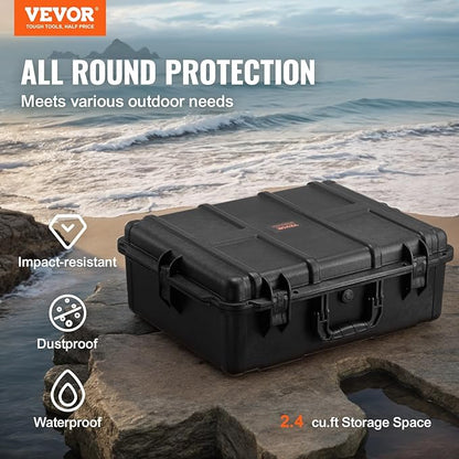 VEVOR Weatherproof Hard Case, Heavy Duty Protective Dry Box with Pre-cut Foam, and Retractable Pull Handles for Travel, Hunting, Military, Tactical, IP67 Waterproof Case for Cameras (24.4×19.3×8.9)