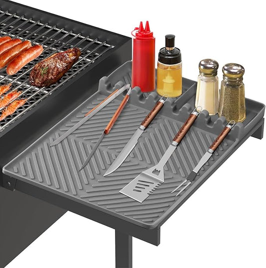 Silicone Grill Mat with Drip Pad, Premium Blackstone Griddle Accessories for Outdoor Grill Kitchen Counter, Heat-Resistant BBQ Accessories for Side Shelf (Gray)
