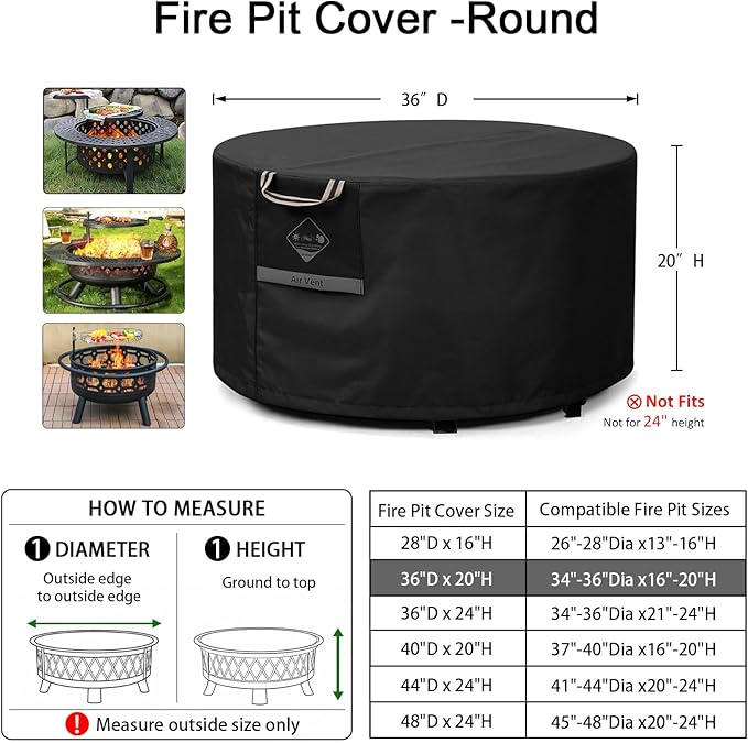 QH.HOME Fire Pit Cover Round, 100% Waterproof, 600D Strong Tear Resistant, Outdoor Firepit Covers Round Fits 34 inch ,35 inch,36 inch Fire Pit Cover, 36” Dia X 20”H -Black .
