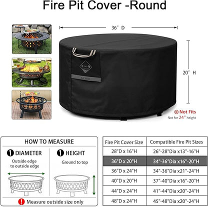 QH.HOME Fire Pit Cover Round, 100% Waterproof, 600D Strong Tear Resistant, Outdoor Firepit Covers Round Fits 34 inch ,35 inch,36 inch Fire Pit Cover, 36” Dia X 20”H -Black .