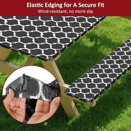 7ft 84in Picnic Table and Bench Cover, 3 Pack, Black-White Moroccan | Drawstring Bag, Waterproof Windproof, Elastic Fitted Edges Tablecloth, for Rectangle Table & Seat, Camping Essentials RV Gear