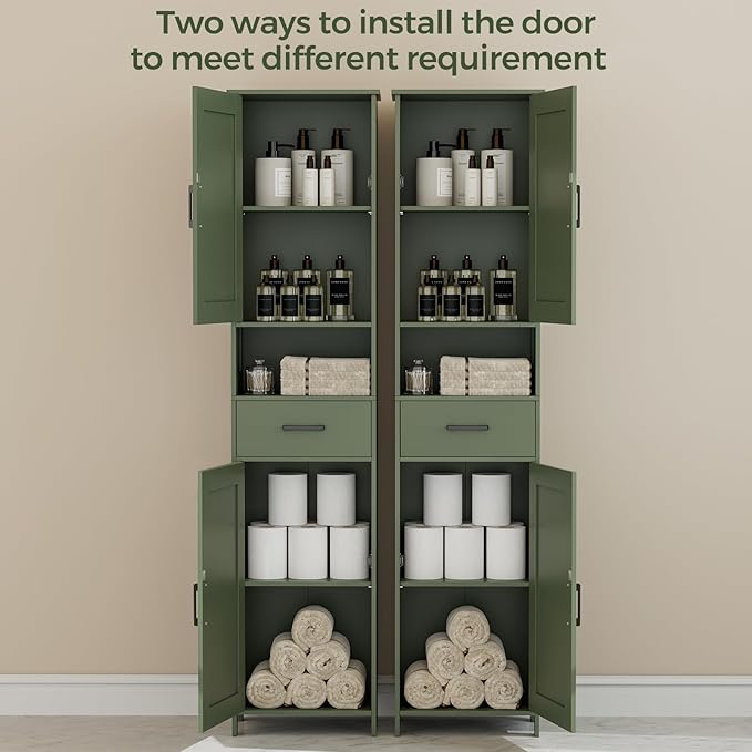 Homhedy 67" H Tall Bathroom Storage Cabinet with Barn Doors and Drawer | Narrow Storage Unit with Adjustable Shelves, Floor Cabinet for Bathroom, Living Room, Entryway or Kitchen, Green, 15.7" W