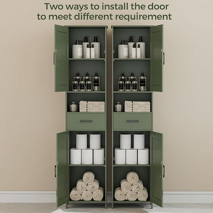 Homhedy 67" H Tall Bathroom Storage Cabinet with Barn Doors and Drawer | Narrow Storage Unit with Adjustable Shelves, Floor Cabinet for Bathroom, Living Room, Entryway or Kitchen, Green, 15.7" W