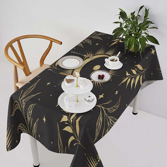 Sun Moon Tablecloth Vintage Boho Astrology Gold Celestial Star Galaxy Space Table Cloth Water Resistant Wipeable Table Cover for Picnic Party Holiday Kitchen Dinner Table 60"x90"