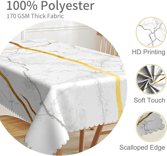 52x70inches Marble Tablecloth Gray Gold White Marble Texture Rectangle Tablecloths Waterproof and Stain Resistant Table Cloth Cover for Kitchen Dining Room Buffet Party Outdoor Tabletop Decor