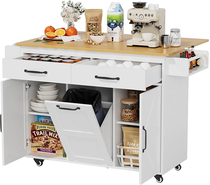 YESHOMY Kitchen Island on Wheels with Trash Cabinet, White & Brown | 56" Mobile Cart with Drop Leaf and Drawers, Rolling Portable Table with Spice Rack & Towel Holder for Dining Room
