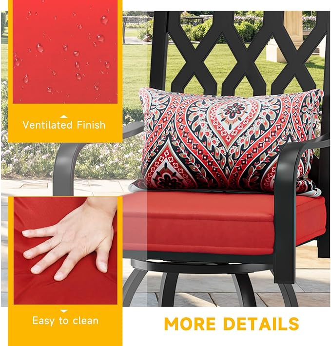 DWVO Metal Outdoor Bar Stools Set of 4, Heavy-Duty Bar Height Outdoor Chairs 352 Lbs Capacity, All-Weather E-Coated Swivel Barstools with Red Cushion & Paisley Pattern Pillow for Patio Deck Balcony
