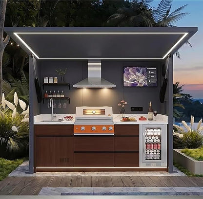 Modular Outdoor Kitchen Island with Grill, Refrigerator & Sink, BBQ Station with Prep Counter, Storage Drawers & Side Burner – Modular Outdoor Kitchen Pod for Small Patio, Balcony, Courtyard