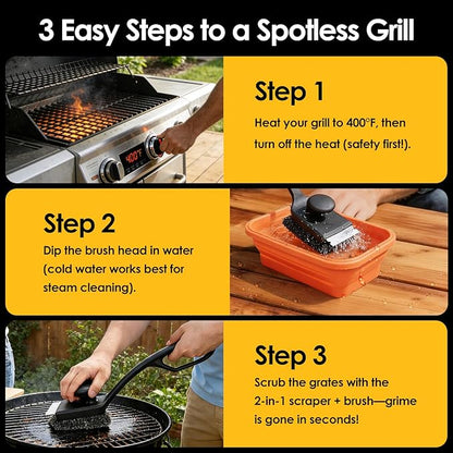 Bristle-Free Silicone BBQ Grill Brush - No Wire Risk, Fast Burnt Grease Removal - 3 Detachable Heads, 2 Extra Replacements, Collapsible Water Cup & Scraper for Gas, Charcoal, Cast Iron Grates