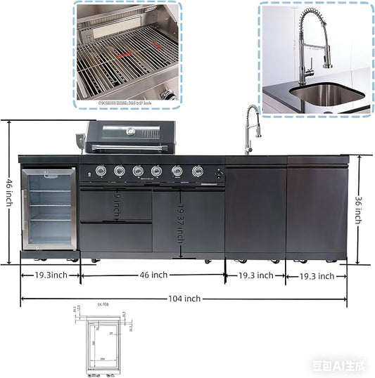 104" Stainless Steel Outdoor Kitchen Island Grill, 4-Burner 72000 BTU, Wine Cooler Refrigerator, Rotisserie Kit, Granite Countertops, Sink, Glide Wheels, For Backyard BBQ, Black