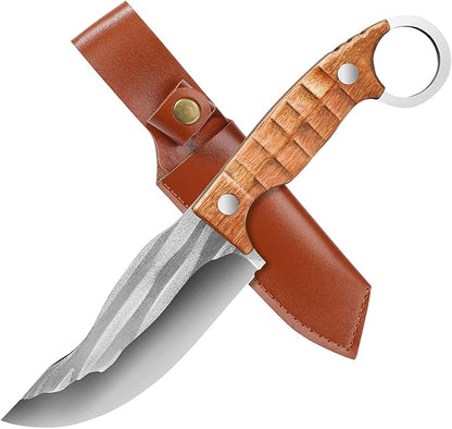 Plys Full Tang Camping Knife,Ergonomic Rosewood Handle, Multi-Tool Outdoor Survival Knife for Precise Stabbing, EDC Lightweight Adventure & Hunting Gear with Leather Sheath