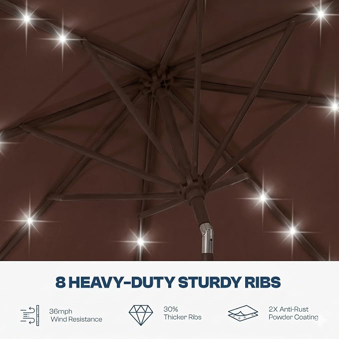 10FT Solar Lighted Patio Umbrella, Outdoor Table Market Umbrellas with Push Button Tilt and Crank, 32 LED Lights, 8 Sturdy Ribs, UV-Resistant for Deck, Garden, Pool