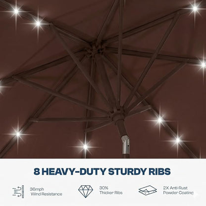 10FT Solar Lighted Patio Umbrella, Outdoor Table Market Umbrellas with Push Button Tilt and Crank, 32 LED Lights, 8 Sturdy Ribs, UV-Resistant for Deck, Garden, Pool