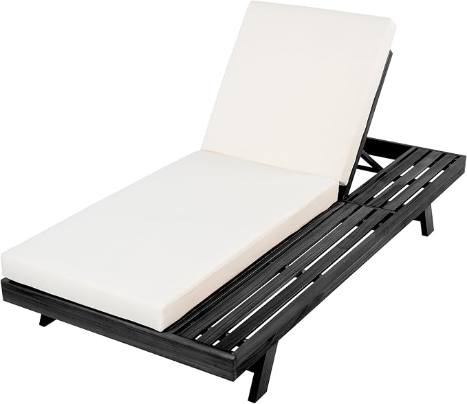 Christopher Knight Home Dami Patio Chaise Lounge Chair Outdoor with 4-Thick Cushion, Acacia Wood Poolside Sun Lounger with Space Available On One Side, Adjustable Backrest Pool Lounger, Black + Cream